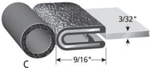 Trim Seal With 3/8 In. Dia. Bulb, Black Pebble, For 3/32 In. Edge Thickness, Aluminum Clips, Bulb Location "C"