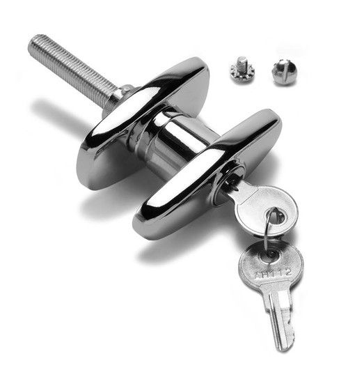 T-Handle, Zinc Die-Cast Material, Bright Chrome Finish, Clockwise Rotation, Key-Locking, Blind Fastened With 8-32 Screws, 1 1/2 In. Center To Center, 5/16 In. X 2 In. Threaded Square Shaft