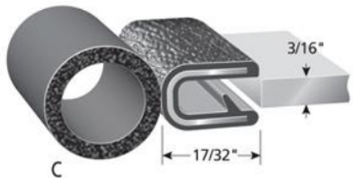 Trim Seal With 5/8 In. Dia. Bulb, Black Pebble, For 3/16 In. Edge Thickness, Aluminum Clips, Bulb Location "C", Sold by the foot.