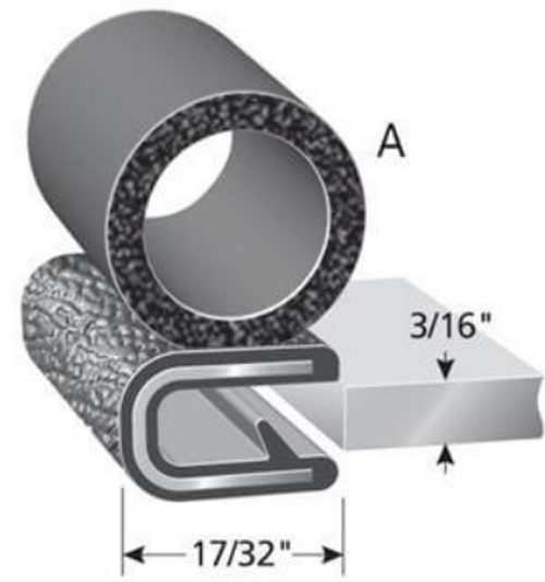 Trim Seal With 5/8 In. Dia. Bulb, Black Pebble, For 3/16 In. Edge Thickness, Aluminum Clips, Bulb Location "A", Sold by the foot.