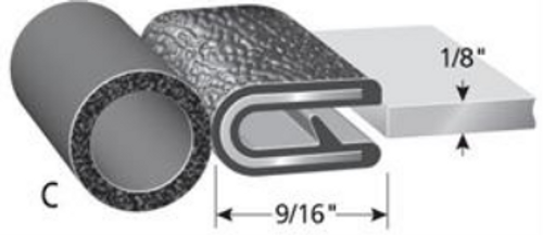 Trim Seal With 7/16 In. Dia. Bulb, Black Pebble, For 1/8 In. Edge Thickness, Aluminum Clips, Bulb Location "C" , Sold by the foot.