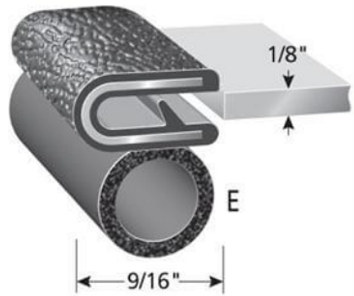 Trim Seal With 7/16 In. Dia. Bulb, Black Pebble, For 1/8 In. Edge Thickness, Aluminum Clips, Bulb Location "E" , Sold by the foot.
