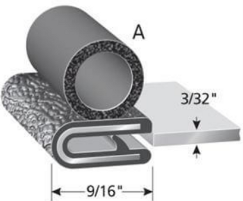 Trim Seal With 7/16 In. Dia. Bulb, Black Pebble, For 3/32 In. Edge Thickness, Aluminum Clips, Bulb Location "A", Sold by the foot.