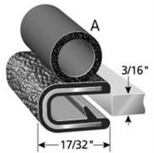 Trim Seal With 3/8 In. Dia. Bulb, Black Pebble, For 3/16 In. Edge Thickness, Aluminum Clips, Bulb Location "A"