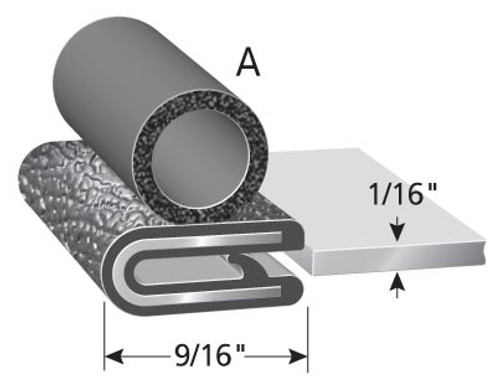 Trim Seal With 3/8 In. Dia. Bulb, Black Pebble, For 1/16 In. Edge Thickness, Aluminum Clips, Bulb Location "A"