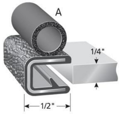 Trim Seal With 3/8 In. Dia. Bulb, Black Pebble, For 1/4 In. Edge Thickness, Aluminum Clips, Bulb Location "A" 