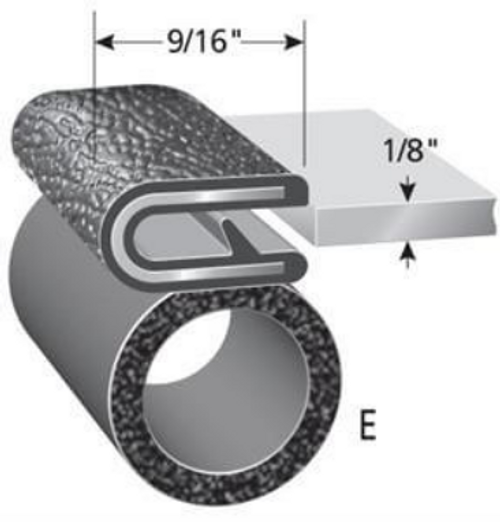 Trim Seal With 5/8 In. Dia. Bulb, Black Pebble, For 1/8 In. Edge Thickness, Aluminum Clips, Bulb Location "E", Sold by the foot.
