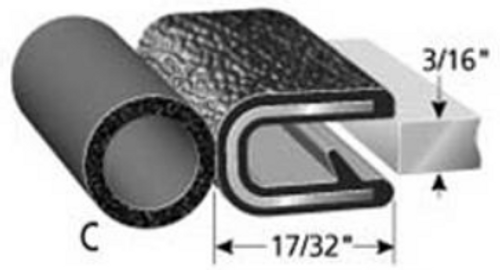Trim Seal With 3/8 In. Dia. Bulb, Black Pebble, For 3/16 In. Edge Thickness, Aluminum Clips, Bulb Location "C"