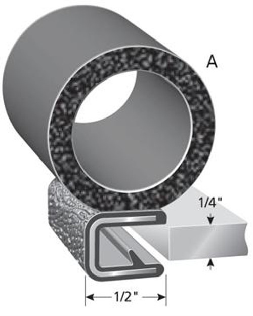 Trim Seal, 1 In. Bulb, Black Pebble, For 1/4 In. Edge Thickness, Bulb Location "A", Sold by the foot.