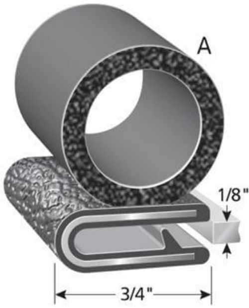 Trim Seal With 3/4 In. Dia. Bulb, Black Pebble, For 1/8 In. Edge Thickness, Aluminum Clips, Bulb Location "A", Sold by the food.
