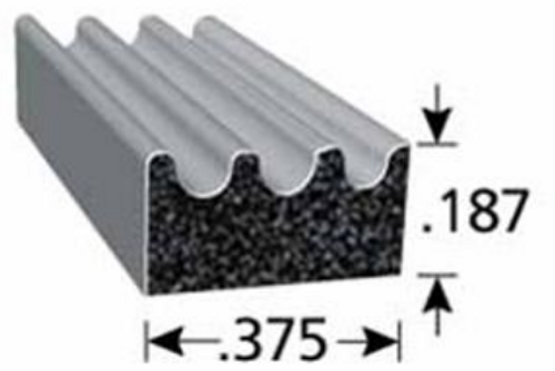 Rubber Seal, Ribbed Epdm Rubber, General Acrylic Pressure Sensitive 3/16 High X 3.8 Wide With Adhesive, Sold by the foot.