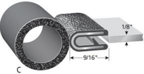Trim Seal With 3/4 In. Dia. Bulb, Black Pebble, For 1/8 In. Edge Thickness, Aluminum Clips, Bulb Location "C", Sold by the foot.