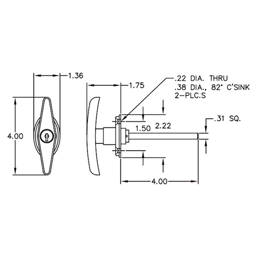 "T" Handle with 4" Long "T," 90 Degree Rotation, Key-Locking, Chrome, 2" L Shank with 3/8-24 Thread, (2) Blind Mtg. Holes in Escutcheon on 1.5" Centers
