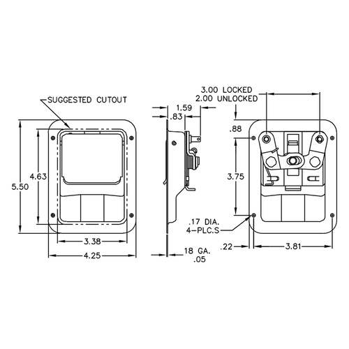 CH 22600 BH SS WF Step Pan Flush Latch, 2-Point Spring-Loaded Lever, 4.25" W x 5.5" H with Wide Flange, Mtg. Holes, Stainless Steel W.E. Hoban Austin Hardware & Supply