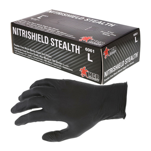 Disposable Gloves, Industrial Food Service Grade, Powder Free, Textured Finish, 4 mil (4.5g), Black, 100/Box, Size M