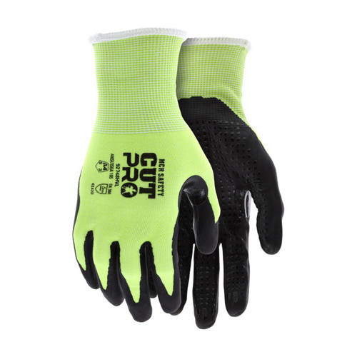 Work Gloves, HPPE Cut Resistant Shell, Hi-Vis, Nitrile Coated Palm and Fingertips, Nitrile Micro-Dotted Palm, Reinforced Thumb Crotch, 18 Gauge, Size L