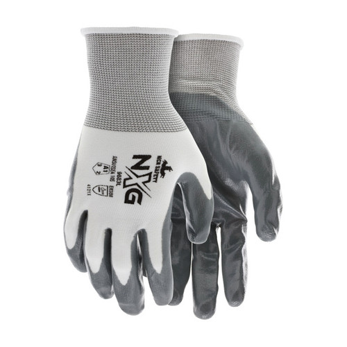 Work Gloves, General Purpose, White Nylon Shell, Gray Nitrile Coated Palm, 15 Gauge, Size M