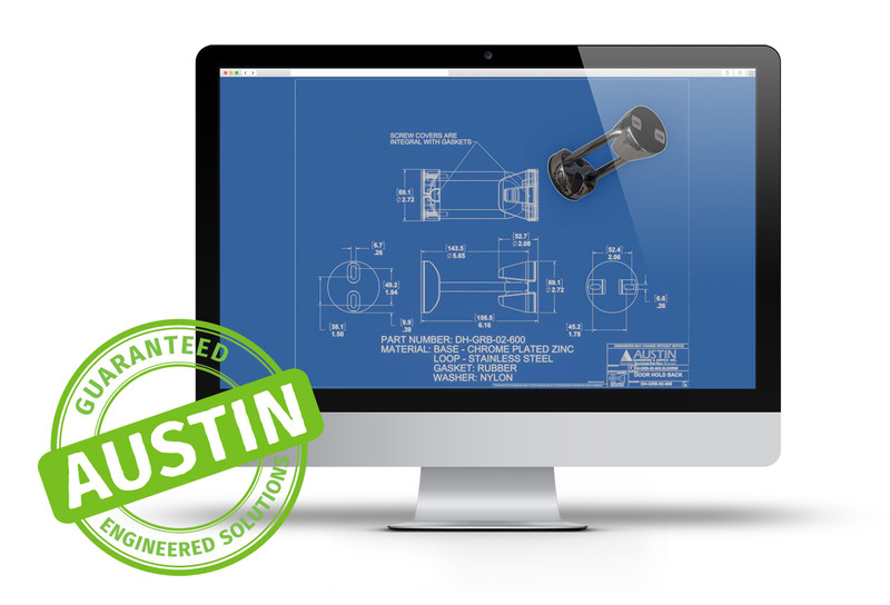 Computer with engineering drawings of a product and the Austin Guaranteed Engineered Solutions logo
