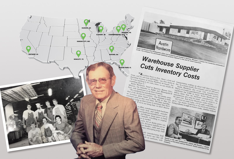 Collage of newspaper article on Austin, team members, and founder Don Austin