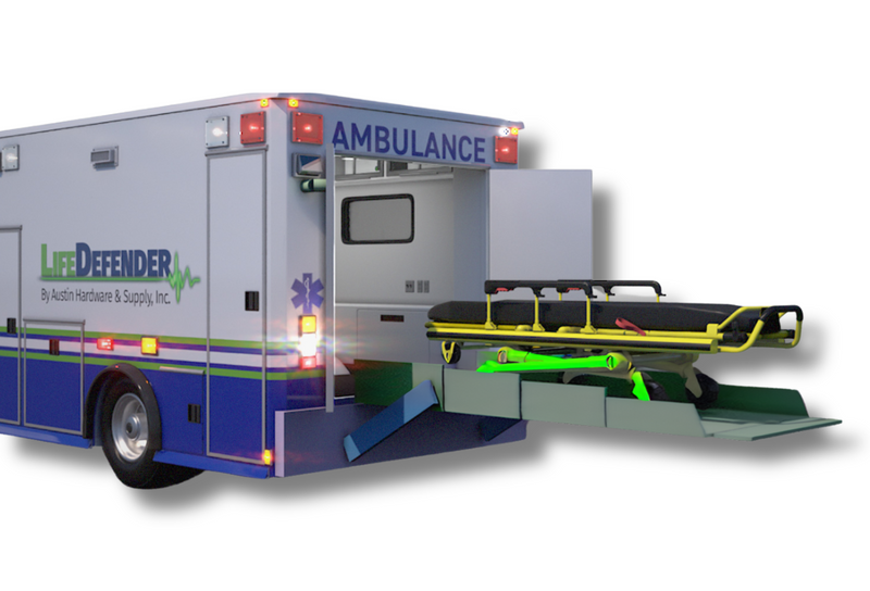 Back of ambulance with doors open and B-lift