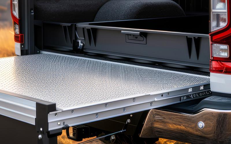 Heavy duty drawer slide in the back of a work truck