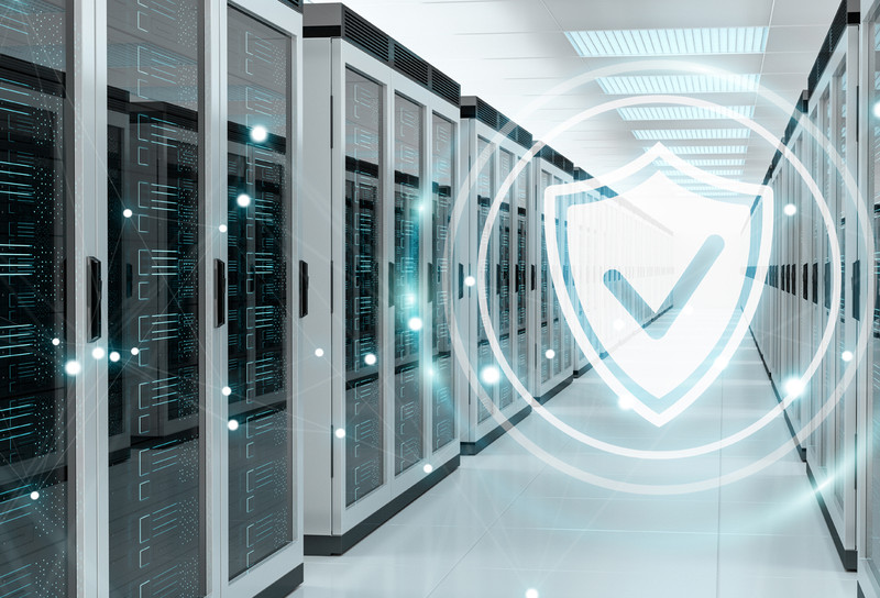 Server room with security graphic overlay