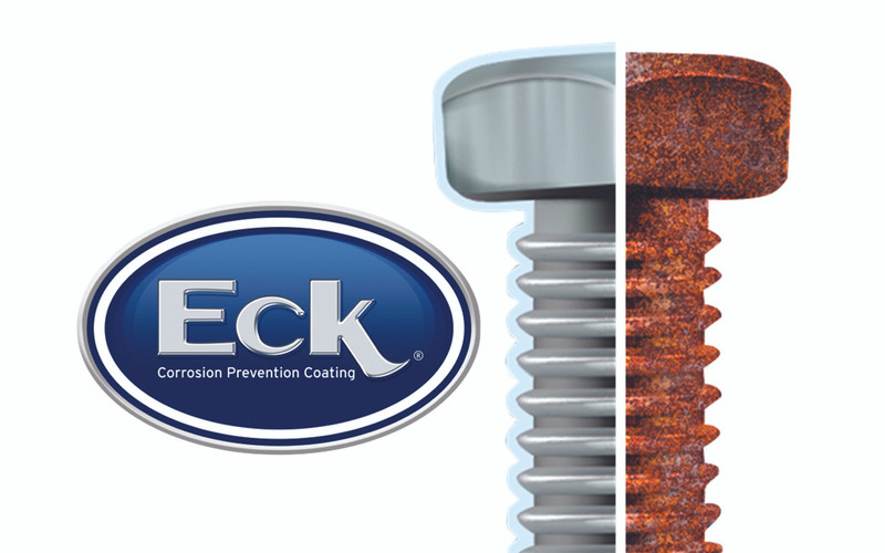 Eck logo and bolt with one side using Eck and not corroded and the other side without Eck that has corrosion