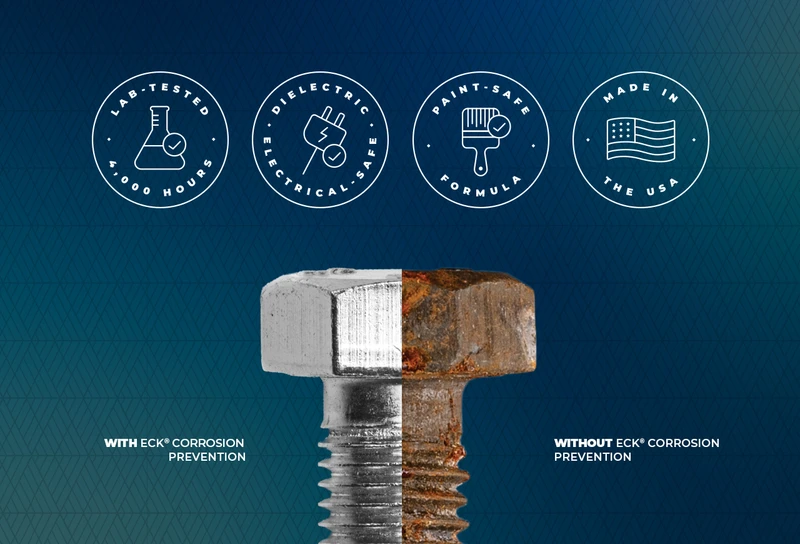 A split screen of a bolt treated with Eck that is not corroded, and a bolt left untreated that has developed corrosion. Plus, four badges: lab-tested for 4,000 hours, dielectric + electrical-safe, paint-safe formula, and made in the USA.