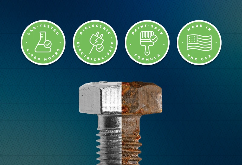 A split screen of a bolt treated with Eck that is not corroded, and a bolt left untreated that has developed corrosion. Plus, four badges: lab-tested for 4,000 hours, dielectric + electrical-safe, paint-safe formula, and made in the USA.