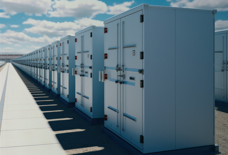 Row of energy storage enclosures showing hinges and handles