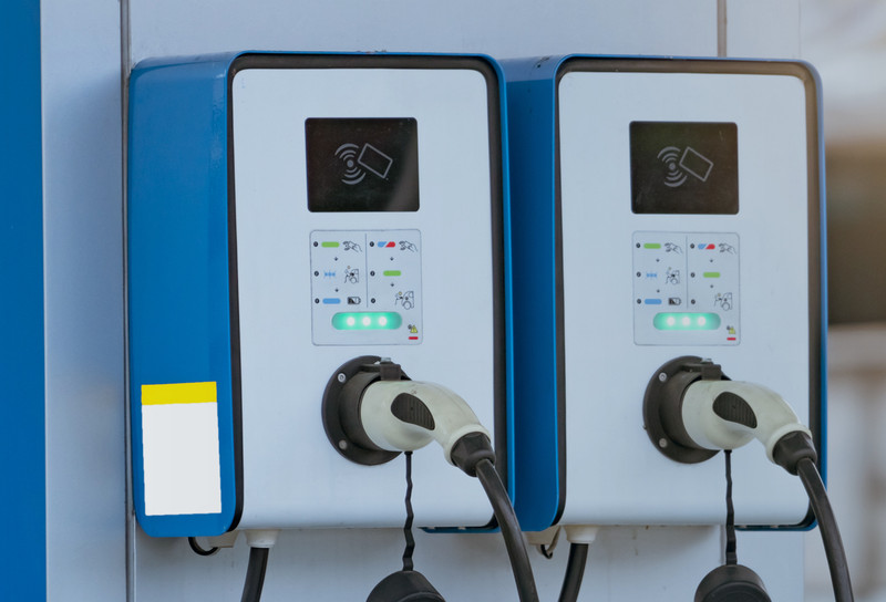 Close up of two electric vehicle charging stations