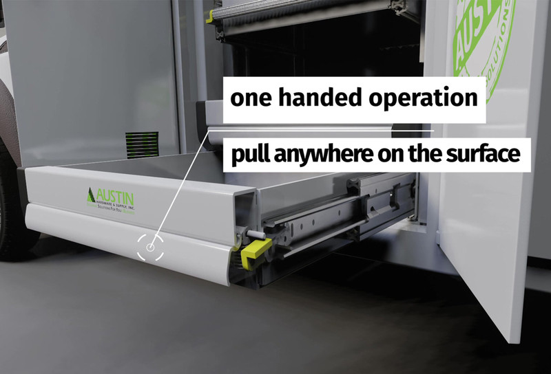 Front drawer release on drawer on work truck for easy one handed operation