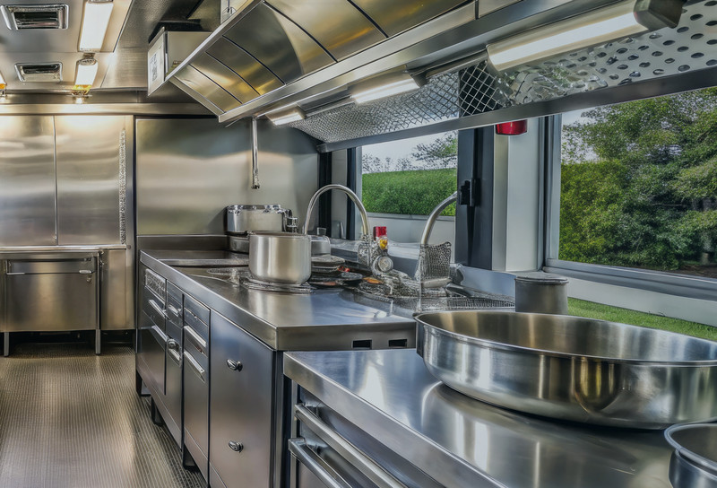 Interior of modern food truck with stainless steel cabinets and counters