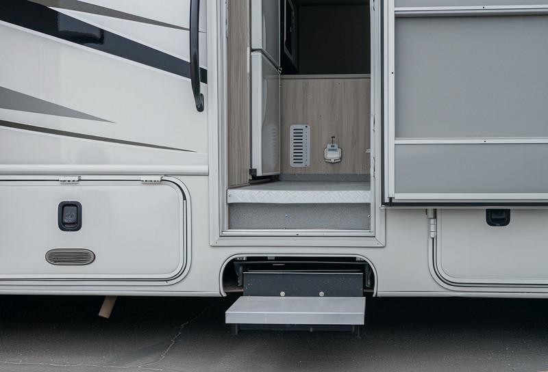 Entry to RV showing grab handle and handles of compartments