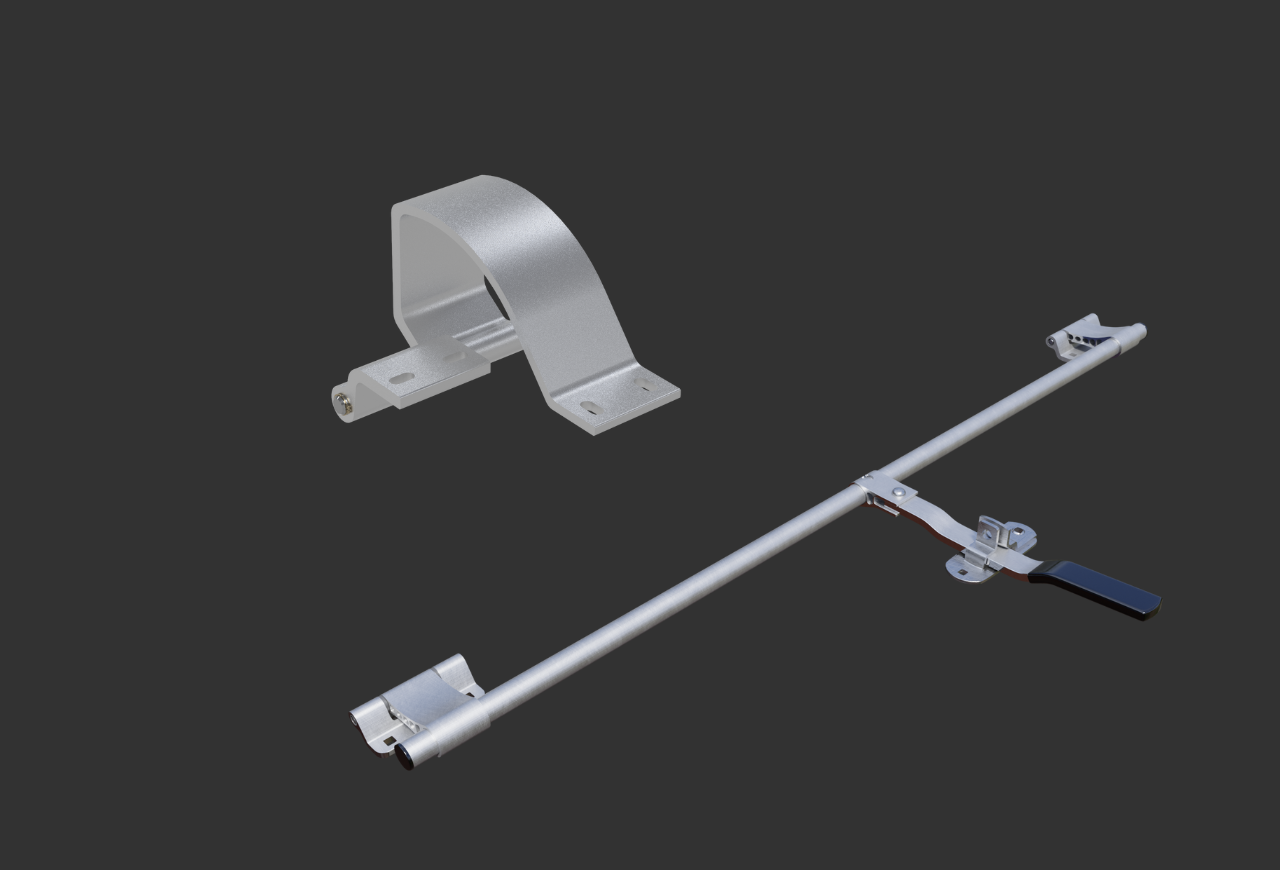 aluminum hinges and barlocks on grey background