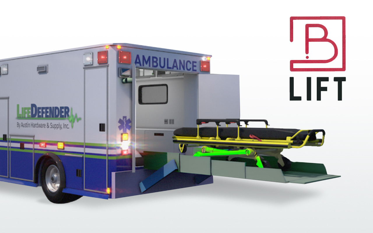 Back of an ambulance showing the B-Lift hydraulic bariatric power lift