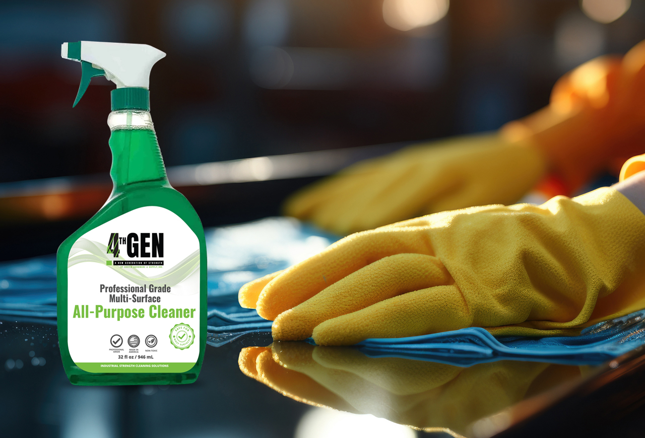 Person wiping metal surface and 4TH GEN cleaner and degreaser bottle