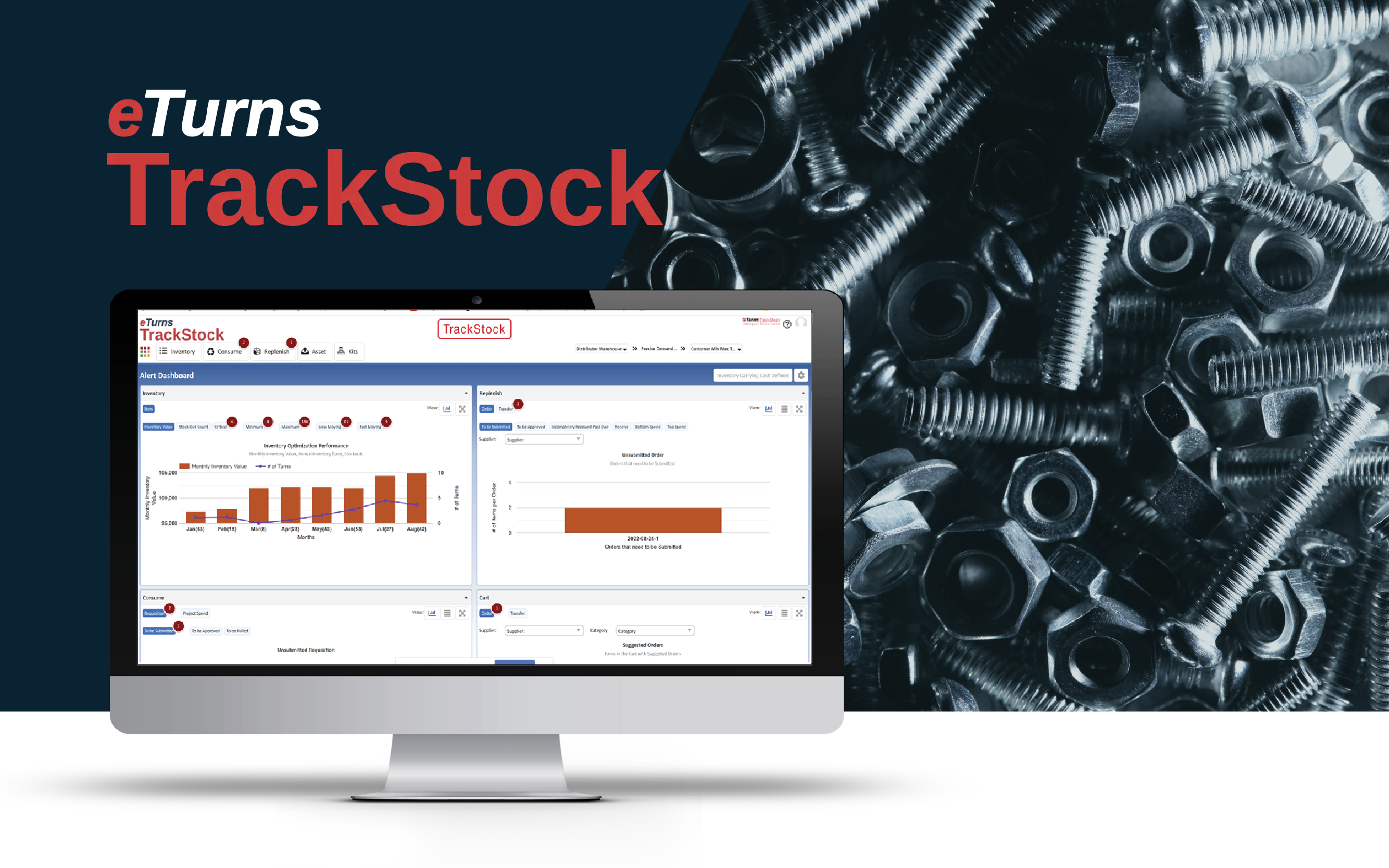 e-Turns TrackStock report on a computer screen with fasteners in the background
