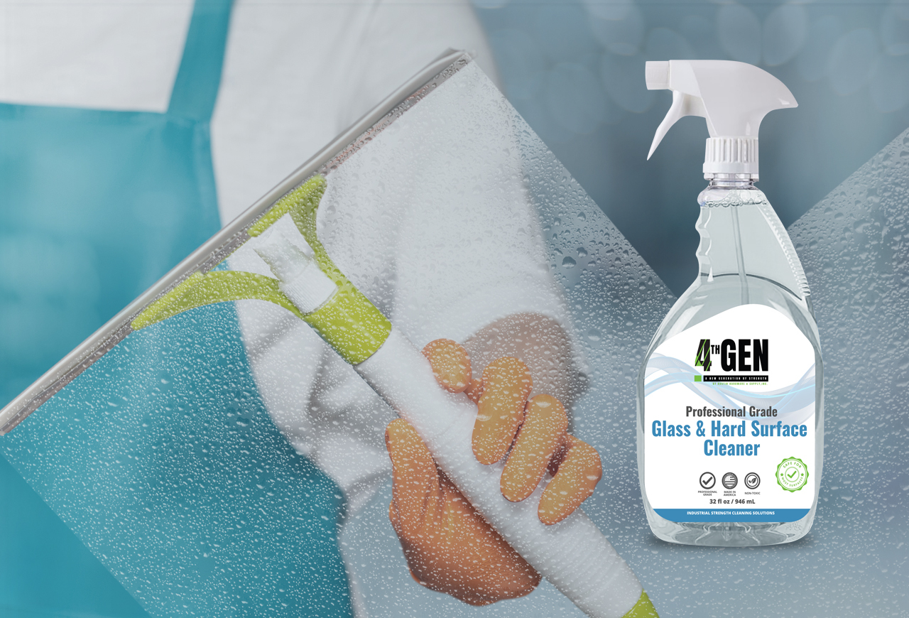 Person cleaning glass and 4TH GEN glass cleaner bottle