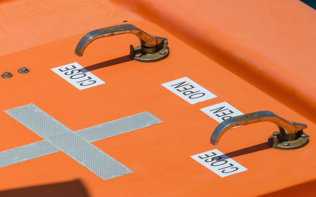 Close up of handles on boat hatch