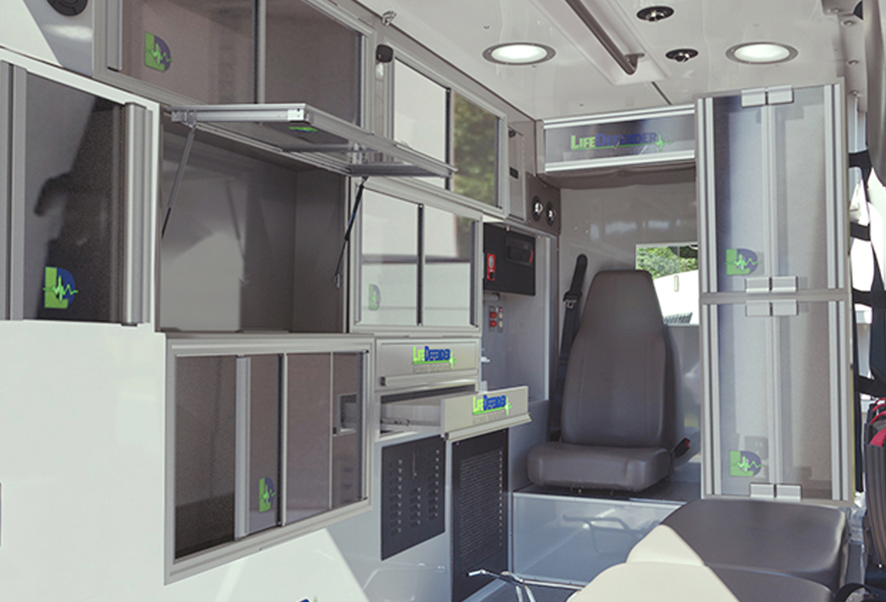 Inside of an ambulance showing the use of LifeDefender cabinets