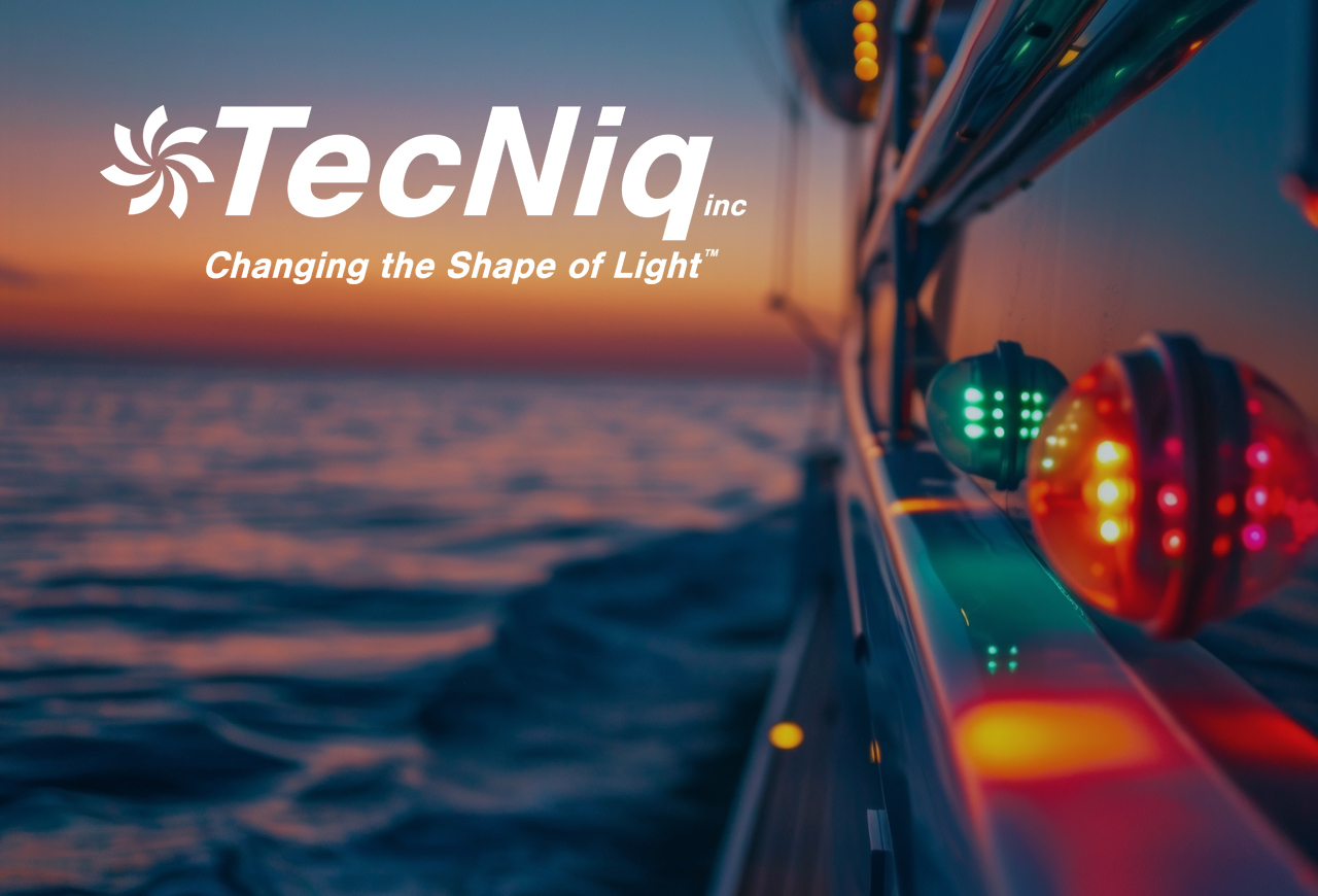 Side of boat showing directional lighting with TecNiq logo