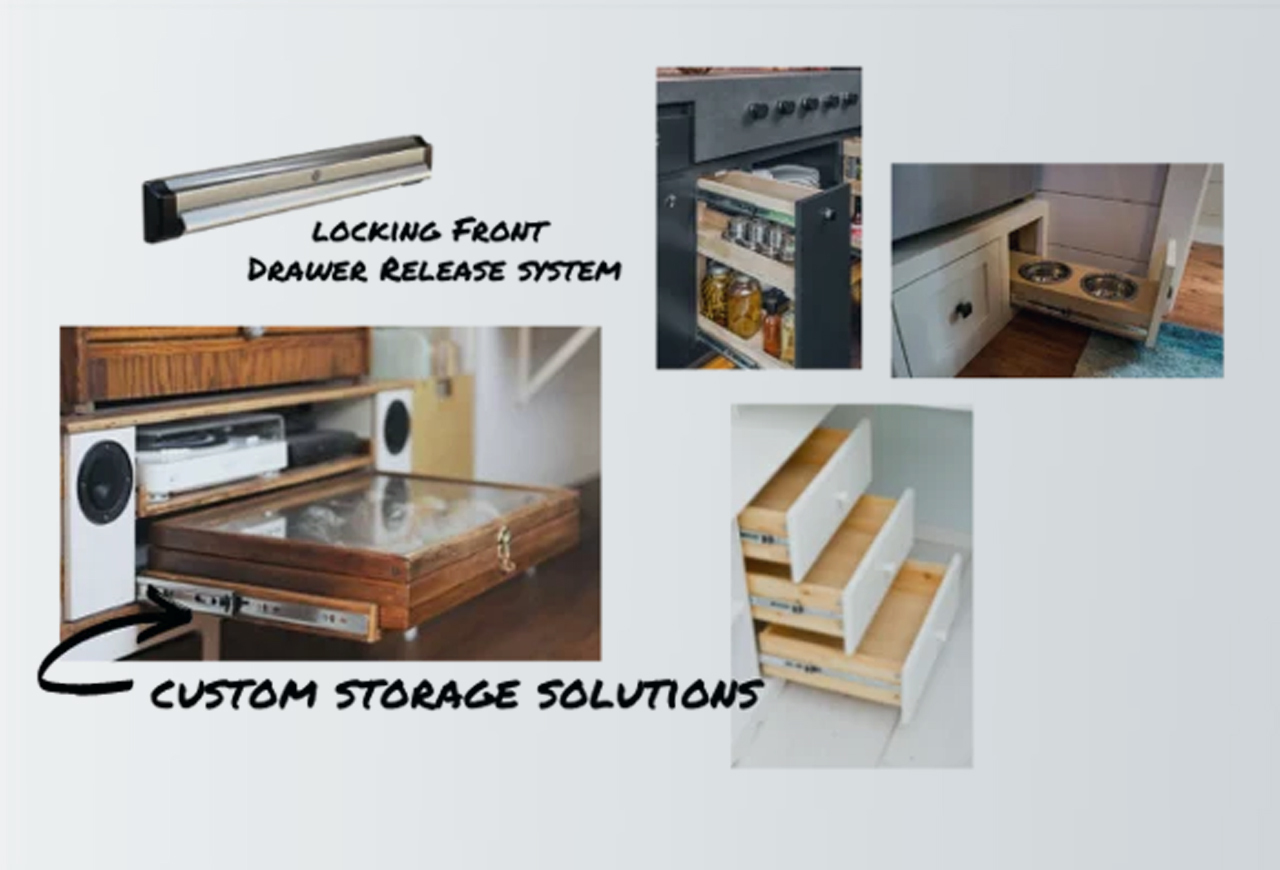 Collage of drawers slides used in a tiny home