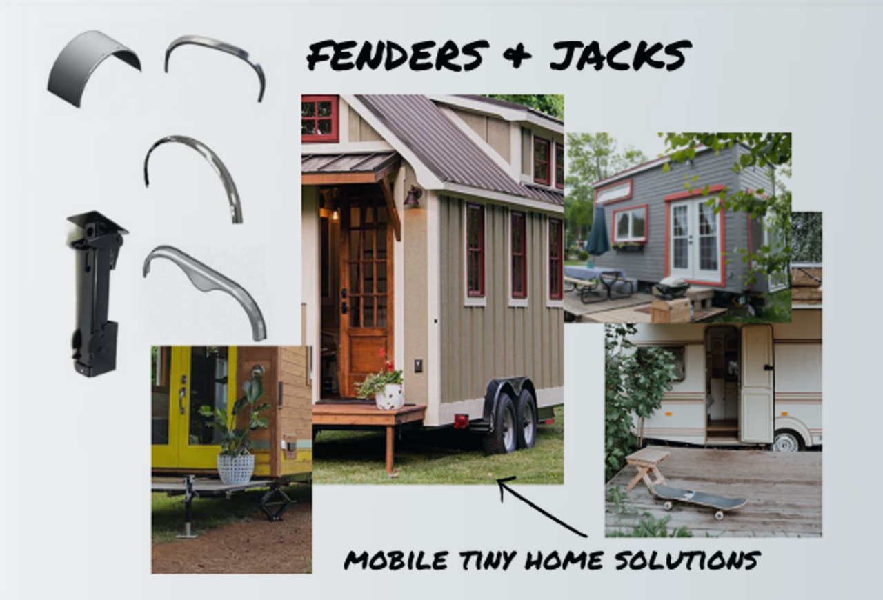 Collage of fenders and jacks used in a tiny home