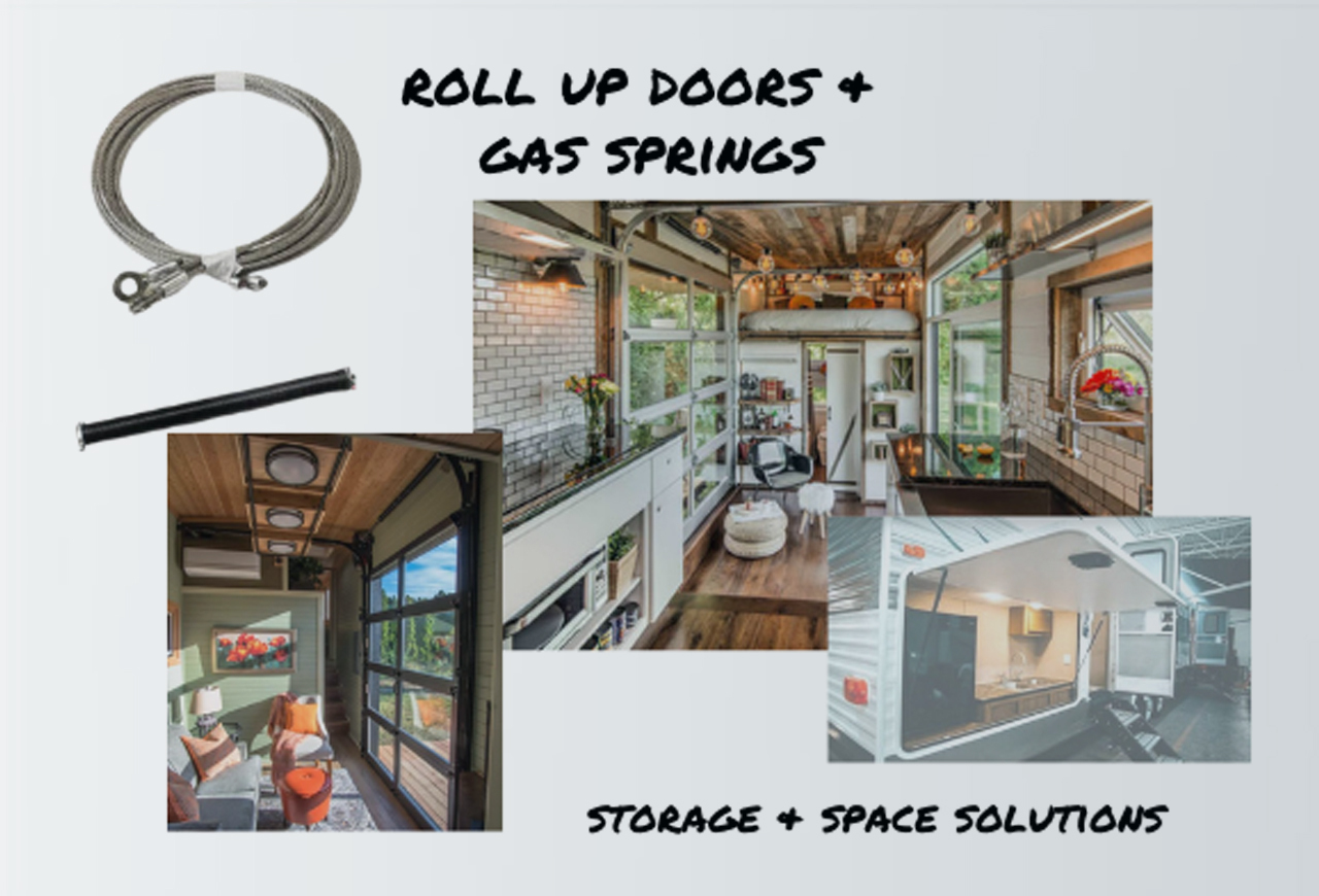 Collage of gas springs and roll up door hardware used in a tiny home