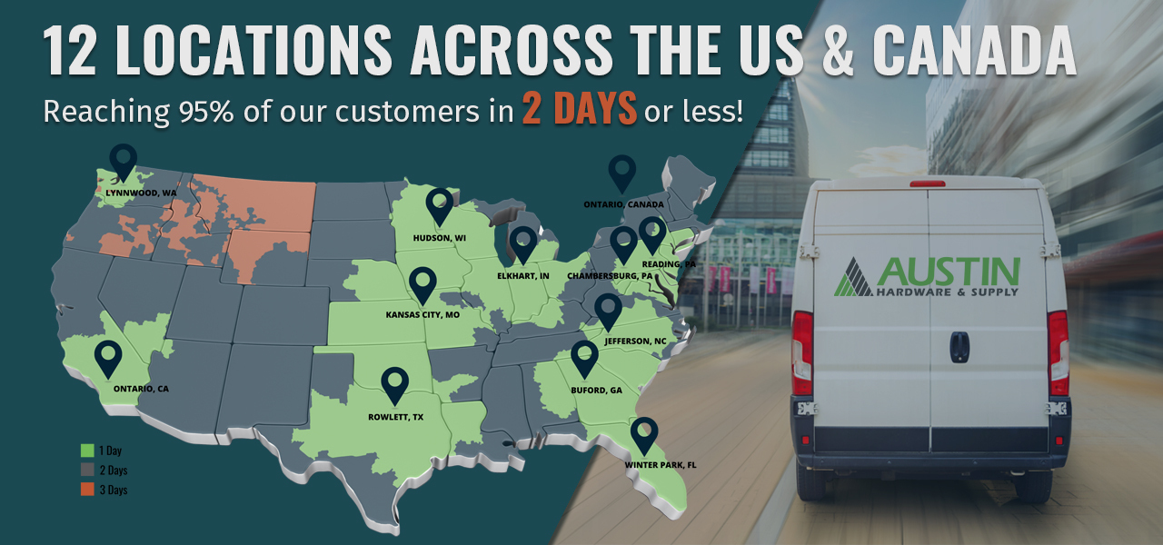 Map showing the 11 locations of Austin Hardware