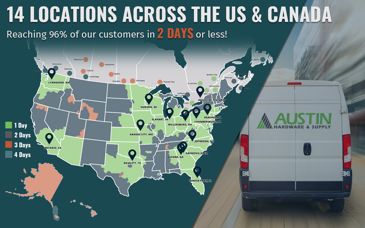 Map showing the 11 locations of Austin Hardware