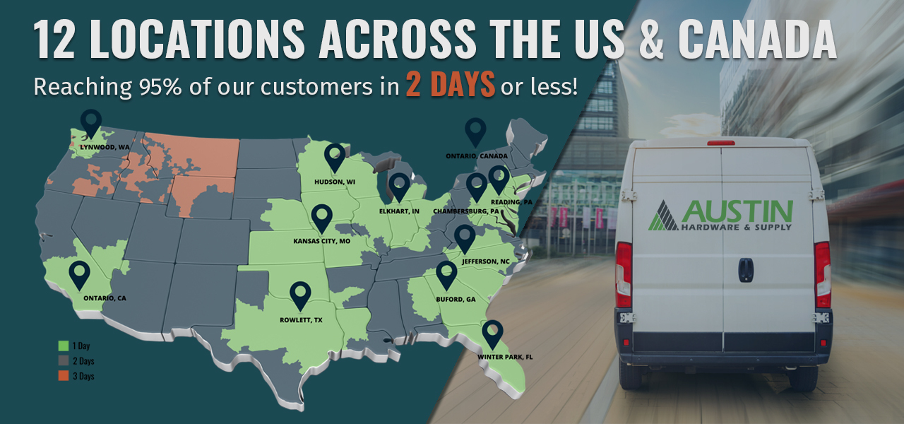 Map showing the 11 locations of Austin Hardware