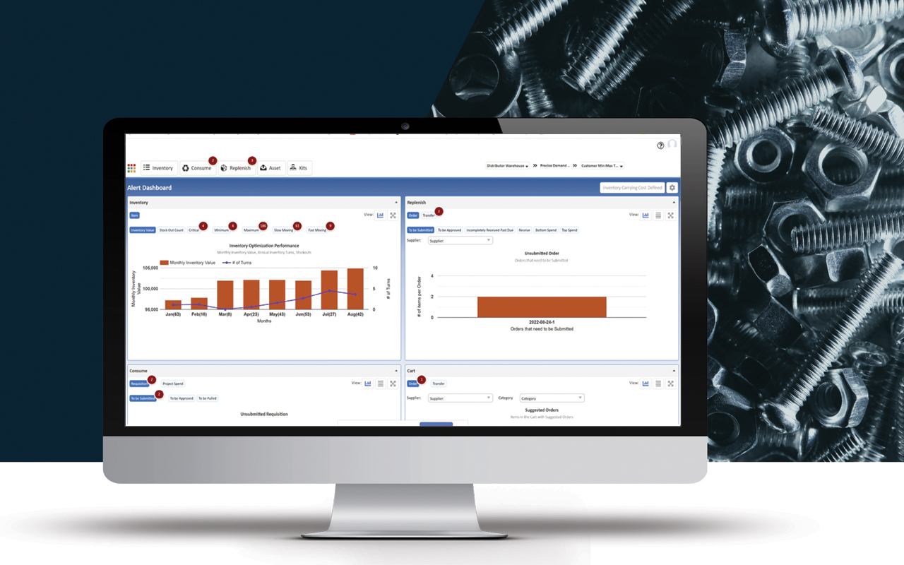 e-Turns TrackStock report on a computer screen with fasteners in the background