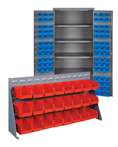 Counter display with red bins and floor display with blue bins